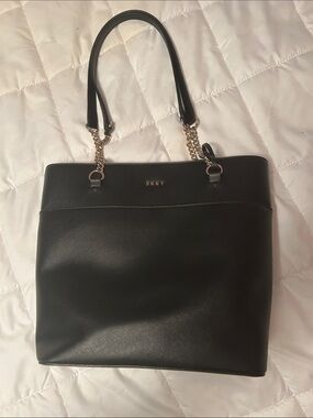 DKNY Black Leather Tote with Gold Chain Straps